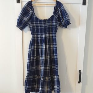 Blue Plaid Puff-Sleeve Midi Dress
